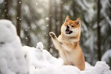 A cute japanese shiba inu puppy during snow in winter.