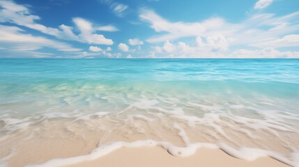 A serene beach scene with crystal clear turquoise waters gently lapping against a soft, sandy shore under a vast, blue sky dotted with wispy clouds.