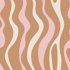 Wavy stripes seamless patterns. Vertical abstract curves endless background with beige and brown colors. Neutral geometric backdrop, fabric, textile