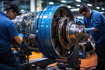 Workers work on an aircraft engine in a plane manufacturing factory.