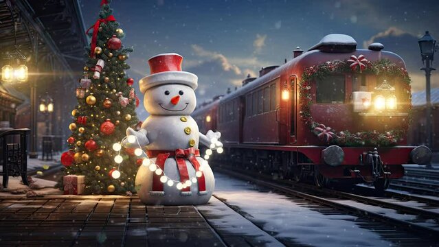 train at night with christmas decorations. seamless looping time-lapse virtual video animation background.