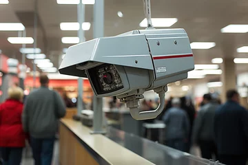 Fototapeten A security camera mounted to the side of a store in mall. People walking on background. © Degimages
