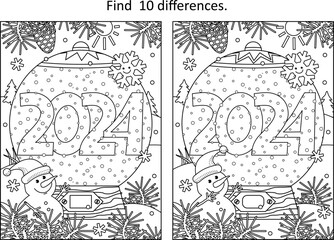 Year 2024 snow globe difference game and coloring page with cute little snowman, cheerful snowflake and outdoor winter scene
