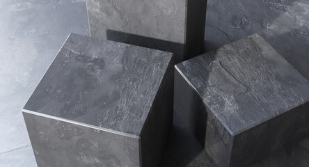 Three modern black cuboid stone rock podium, geometric pedestal on gray counter. Luxury cosmetic, skincare, beauty, body, hair care, treatment, fashion product display background 3D