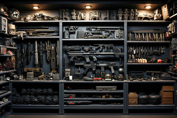 A gun shop with many shelves full of weapons. - obrazy, fototapety, plakaty