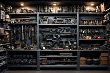 Fotobehang A gun shop with many shelves full of weapons. © Degimages