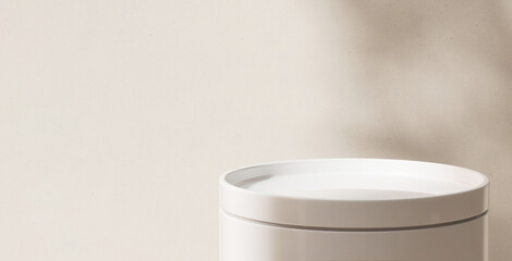 Modern round white podium table in dappled sunlight, leaf shadow on beige wall for luxury organic cosmetic, skincare, beauty, body, hair care, treatment, fashion product display background 3D