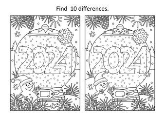 Year 2024 snow globe difference game and coloring page with cute little snowman, cheerful snowflake and outdoor winter scene
