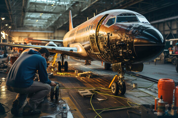 A man working on repairing an airplane in a hangar. Aeronautical engineer next to a plane. - obrazy, fototapety, plakaty