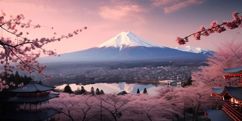 Crédence de cuisine en verre imprimé Rose clair Japanese landscape of mt. Fuji