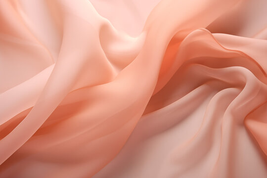Elegant peachy chiffon fabric flowing with a gentle wave, smooth and lightweight texture. Perfect for design, backdrop, or banner. Soft and pastel background. Peach Fuzz ― color of the year 2024