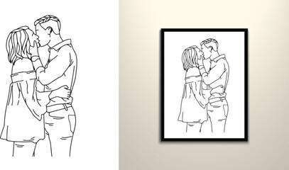 Couple hugging lovey drawing vector illustration 