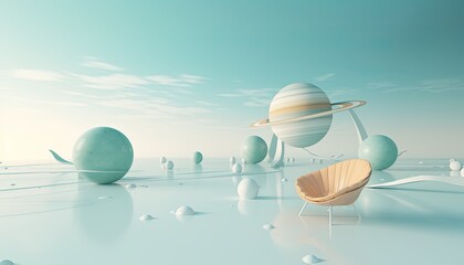 Sci-fi backdrop setting with futuristic armchair and big planets with soft colors
