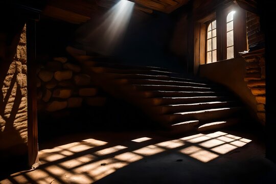 Dark And Creepy Wooden Cellar Door Open At Bottom Of Old Stone Stairs Bright Sun Light Rays Shining Through On Floor, Scary