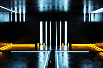 3D rendering Neon lights glow blue in the basement
