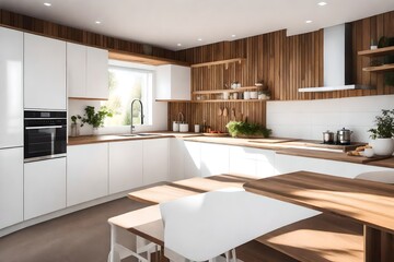 Large counters in a cozy white and wood kitchen