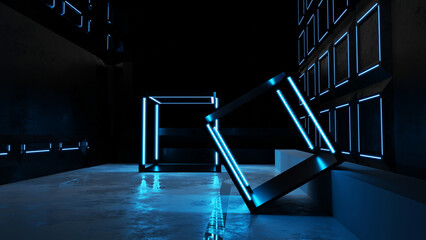 3D rendering Neon lights glow blue in the basement