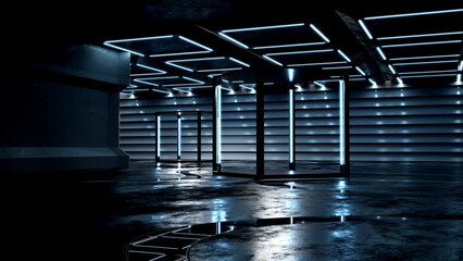 3D rendering Neon lights glow blue in the basement