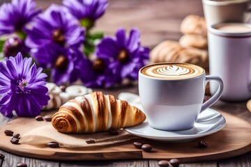Lovely latte macchiato in the living room, accompanied by croissants, delicious pastries, and purple flowers on a wooden table - Powered by Adobe