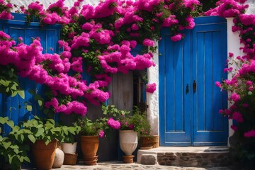 Pink blossoms of bougainvillea and an ancient blue door