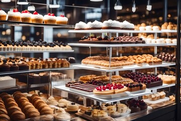 Showcase with different tasty desserts in bakery shop