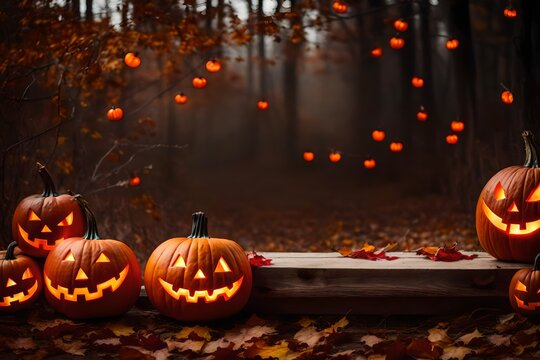 Terrifying Halloween pumpkins and an antiquated wooden sign