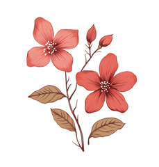 Retro Charm: Hand-Drawn Branch with Flowers and Leaves, Light Red and Gray