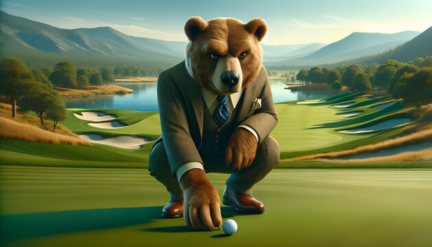 A bear in elegant golf attire posing on putting