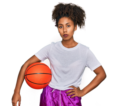 Young african american girl playing baseball holding bat and ball thinking attitude and sober expression looking self confident - Powered by Adobe