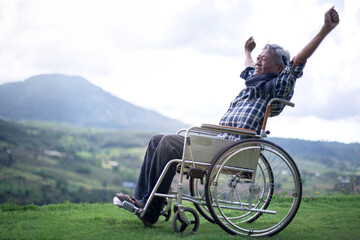 Senior man in the wheelchair raised his hand and breathed in the fresh air, view of the mountains in the background, people with disabilities travel - obrazy, fototapety, plakaty