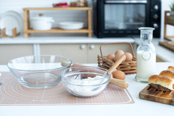 Bakery kitchen. Bakery ingredients placed on the table, prepare to make homemade bakery, concept of food preparation