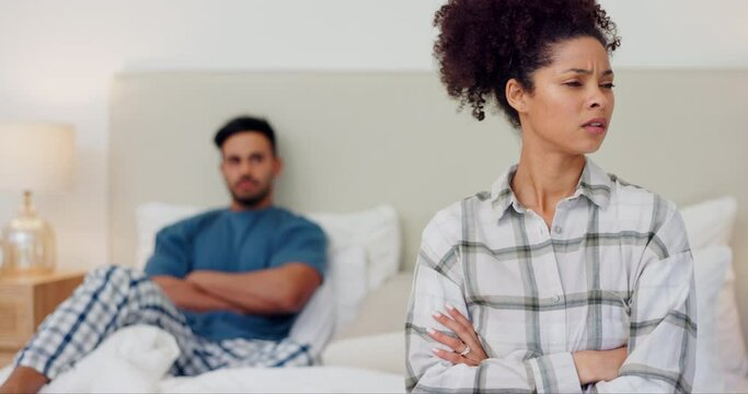 Woman, couple and thinking in bedroom of conflict, fight and mistake of emotional drama at home. Crisis, divorce and frustrated lady ignore angry partner for cheating, marriage affair and betrayal