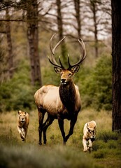 a tall elk running from a white lioness pouncing onto the elk in a woodland