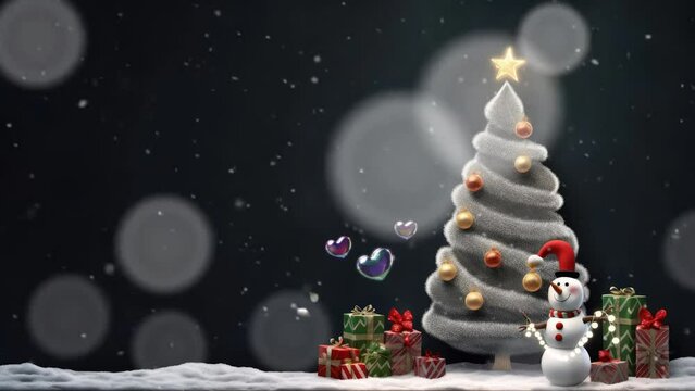 Christmas decoration with christmas tree, light and snowman surrounded by snowfall. cartoon style. seamless looping time-lapse virtual video animation background.	