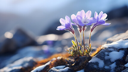 Delicate flower in bloom growing on harsh tundra rock cliff, violet blue petals, ice cold winter...