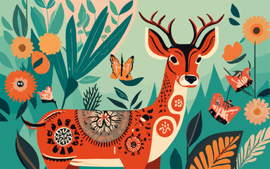 The essence of life in nature, expressed through the art of block printing, with animals