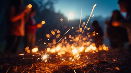 friends on new year's night celebrating outdoors camping with sparklers and pyrotechnics in nature