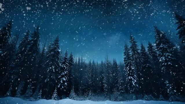 mountain landscape with pines tree against night sky in winter