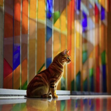 a cat sitting on the floor in front of a colorful glass wall, amazing color photograph, realistic colorful photography, digital art animal photo.