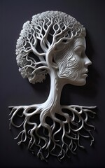 Bas-relief double exposure of a woman standing beside a tree with several roots, it creepy.A visually captivating minimalist artwork featuring a detailed silhouette white, Low angle, from below view