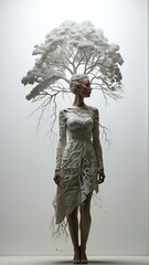 Bas-relief double exposure of a woman standing beside a tree with several roots, it creepy.A visually captivating minimalist artwork featuring a detailed silhouette white, Low angle, from below view