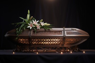 Funeral casket with flowers on dark background