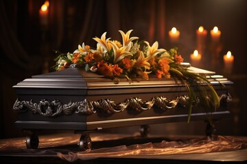 Fototapeta na wymiar Funeral casket with flowers on dark background