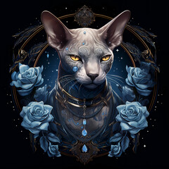 Sphynx and blue roses
