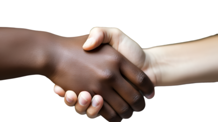 Two hands of different skin colors are tightly clasped together. The concept of cooperation, understanding, and unity. isolated on transparent background. 