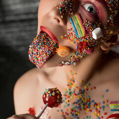 Girl with sweets and caramel on her face shot