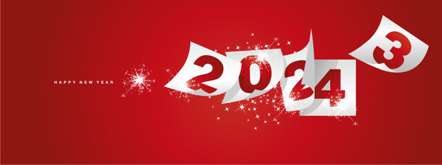 Happy new year 2024 and the end of 2023. Winter holiday greeting card design template on red background. New year 2024 and the end of 2023 on red white calendar sheets and sparkle firework
