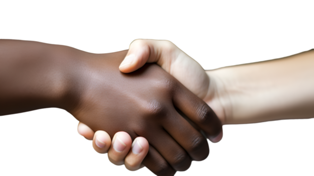 Two hands of different skin colors are tightly clasped together. The concept of cooperation, understanding, and unity. isolated on transparent background. 