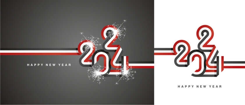 New Year 2024 continuous ribbon in the shape of 2024. Abstract red white black flag of Egypt shape 2024 logo with sparkle firework isolated on white and black background