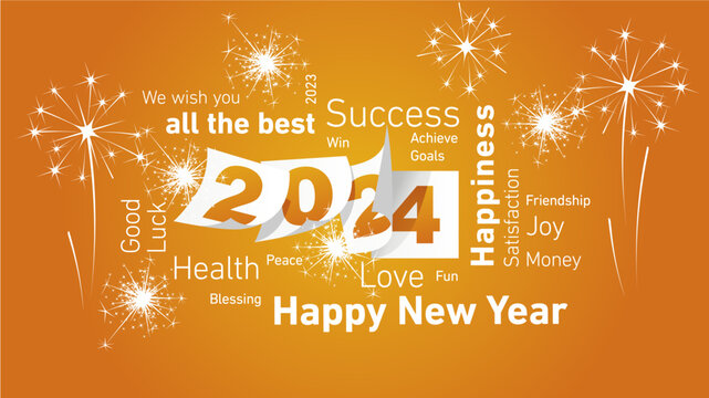Happy New Year 2024 white word cloud text with 2024 calendar pages and light sparkle firework orange yellow background vector